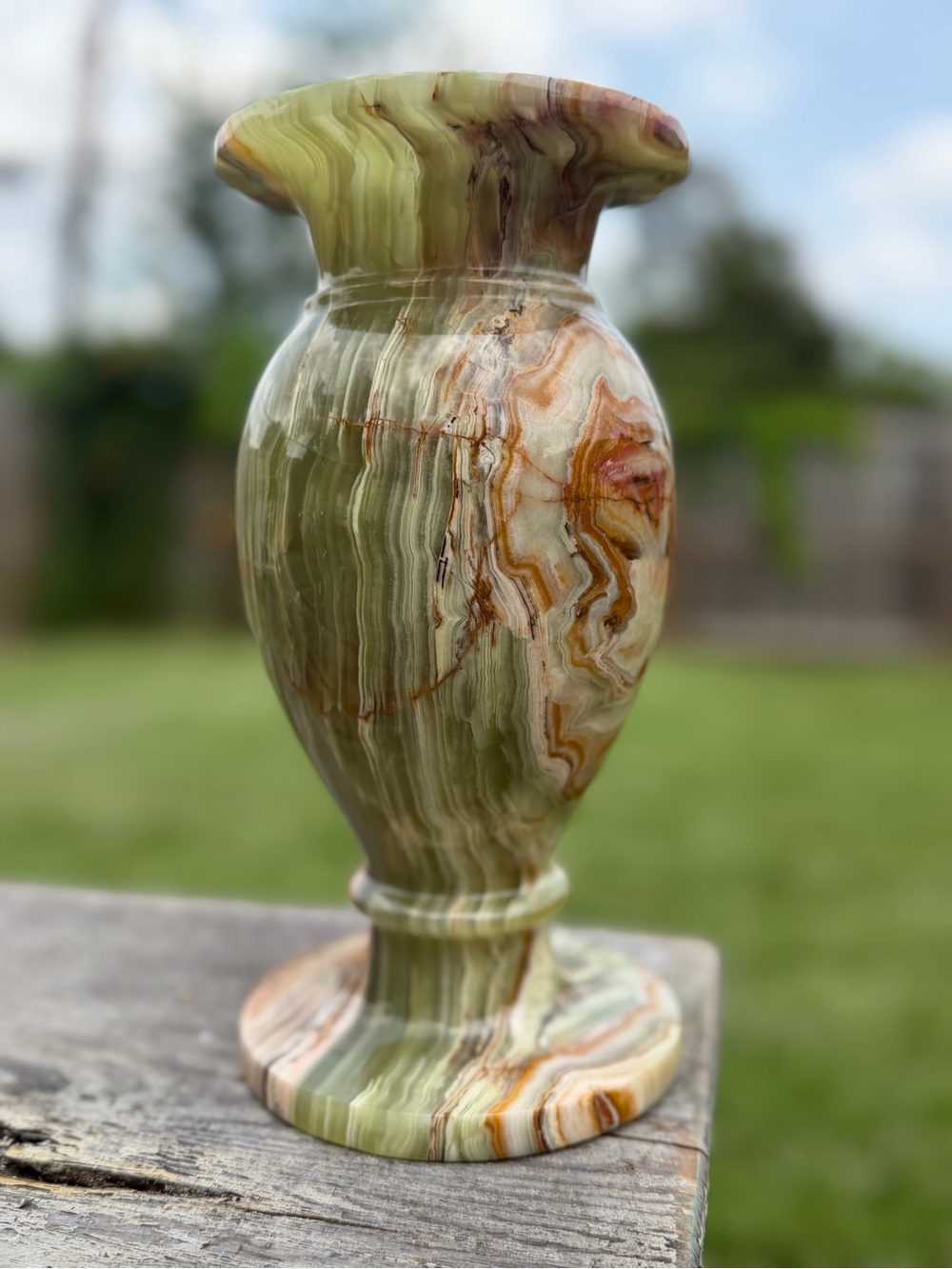 Vintage Banded Onyx Vase, Calcite Sphere Stone Vase Large 10” 7 lbs Heavy Glow